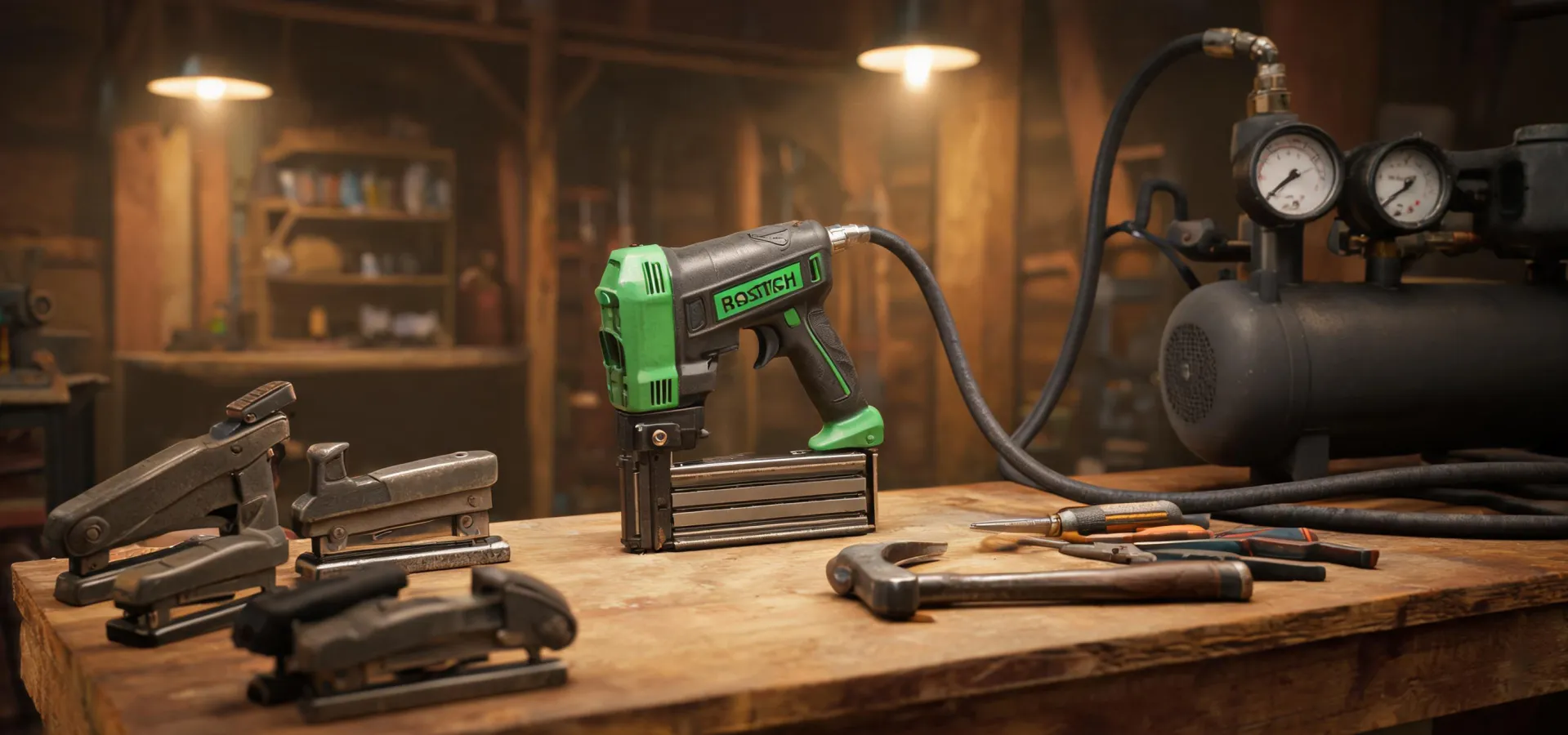 Bostitch workshop bench with legacy and modern fastening tools