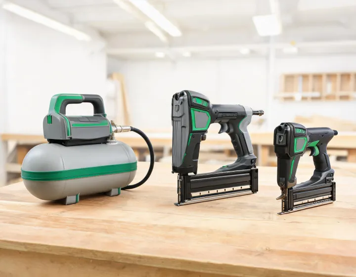 Bostitch pneumatic nailer and compact air compressor on a workbench