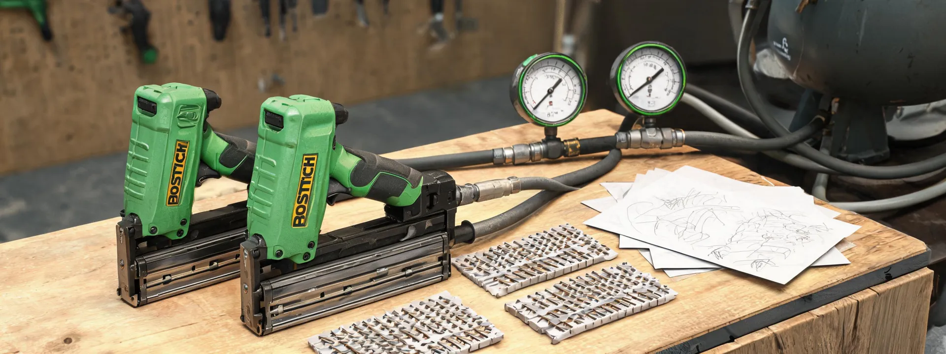 Bostitch support bench with pneumatic tools and fasteners
