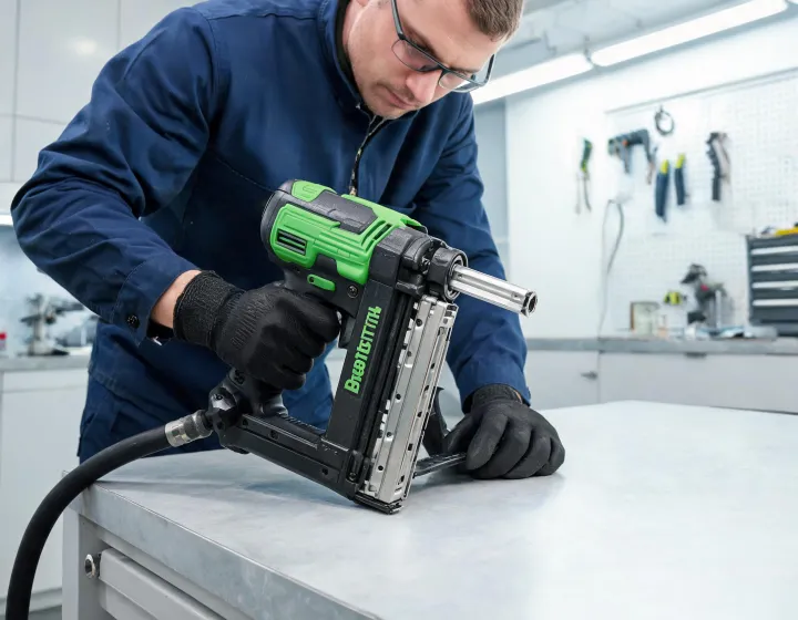 Technician checking a Bostitch pneumatic nailer and air line